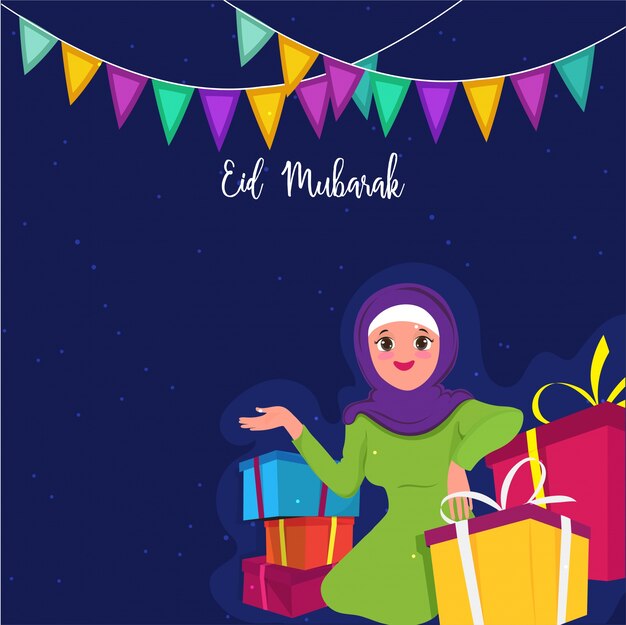 Szczęśliwa muzułmanka z pudełeczkami z okazji islamskiego błogosławionego festiwalu Eid Mubarak.