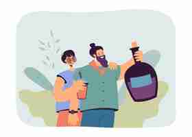 Bezpłatny wektor szczęśliwa para z ilustracji wektorowych płaski napoje. mężczyzna i kobieta, przytulanie i trzymając butelkę napoju alkoholowego. przyjęcie, koncepcja uroczystości na baner, projekt strony internetowej lub strona docelowa