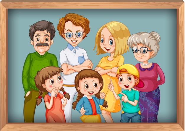 Bezpłatny wektor szczęśliwe duże rodzinne zdjęcie na drewnianej ramie