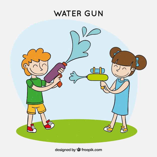 Bezpłatny wektor szczęśliwe dzieci bawiące się pistoletami na wodę
