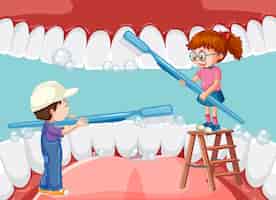Bezpłatny wektor szczęśliwe dzieci szczotkujące zęby wybielające zęby szczoteczką do zębów wewnątrz człowieka