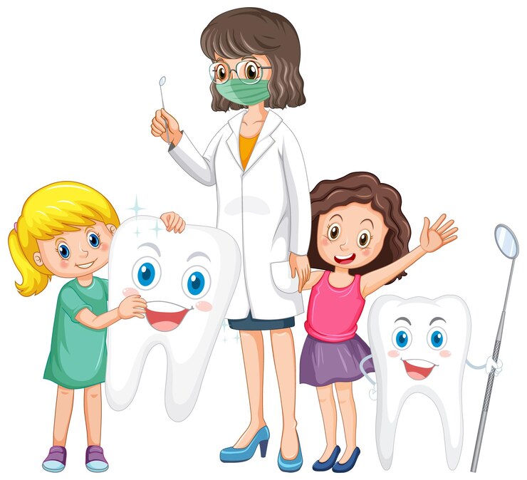 Bezpłatny plik Wektor szczęśliwe dzieci trzymające duży ząb i dentystę na białym tle