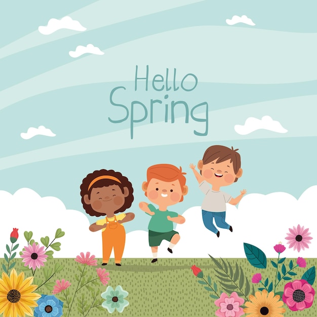 Bezpłatny wektor szczęśliwe dzieci witaj wiosenną scenę