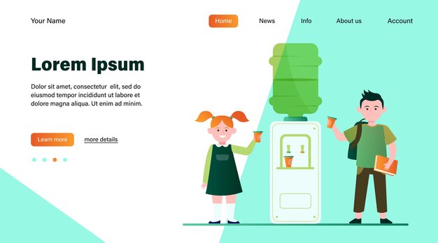 Szczęśliwe dzieci wody pitnej w chłodnicy. Studenci, chłopiec i dziewczynka, ilustracji wektorowych płaski korytarz szkoły. Napoje, napoje, projekt strony internetowej z koncepcją watercooler lub stronę docelową