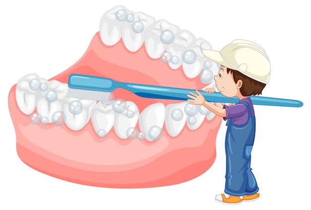 Szczęśliwe dziecko szczotkuje zęby szczoteczką do zębów na białym tle