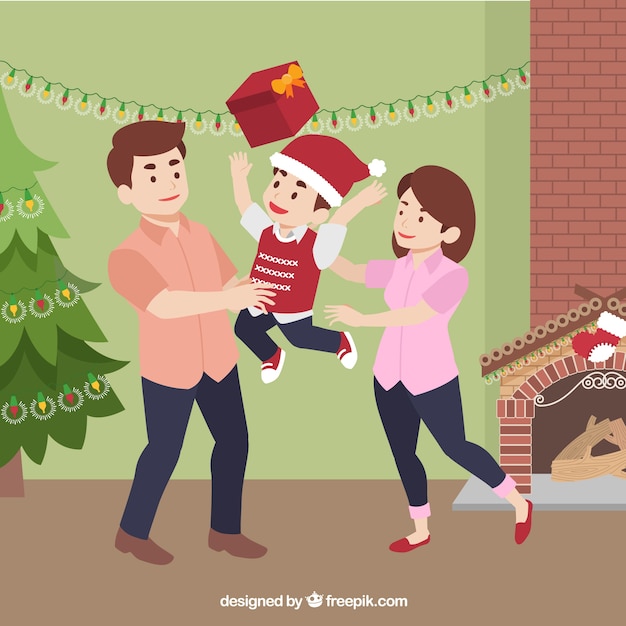 Bezpłatny wektor szczęśliwe dziecko z santa kapelusz i prezent bawi się z rodzicami