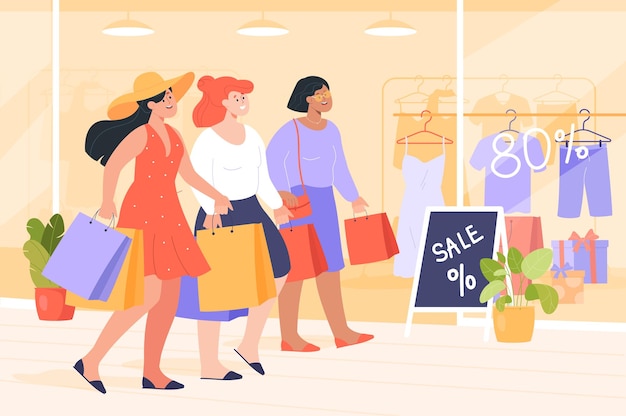 Bezpłatny wektor szczęśliwe kobiety z torbami na zakupy w pobliżu butiku ze znakiem sprzedaży