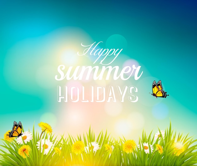 Szczęśliwe wakacje letnie tło z kwiatami, trawą i motylami. wektor