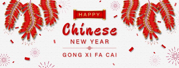 Szczęśliwego chińskiego nowego roku gong xi fa cai tekst na tle transparentu wzór fal orientalnych z petardami