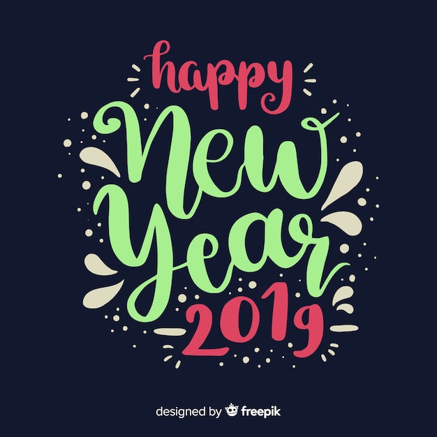 Bezpłatny wektor szczęśliwego nowego roku 2019 kolorowe tło z fantazyjnym napisem