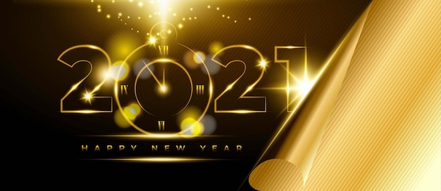 Szczęśliwego nowego roku 2021 tło z złoty numer i zegar
