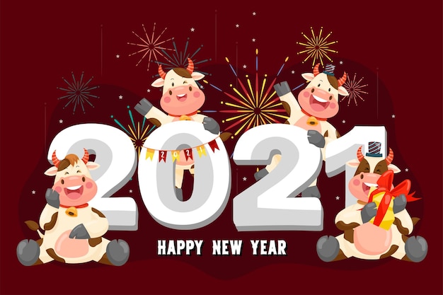 Szczęśliwego nowego roku 2021 z uśmiechniętą postacią anturium
