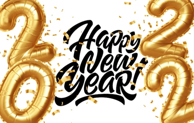 Szczęśliwego nowego roku 2022 metaliczne balony złota folia na białym tle. złote balony z helem numer 2022 nowy rok. ilustracja wektorowa eps10