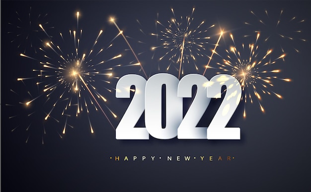 Szczęśliwego Nowego Roku 2022. Powitanie Nowy Rok Banner z numerami data 2022 na tle fajerwerków.