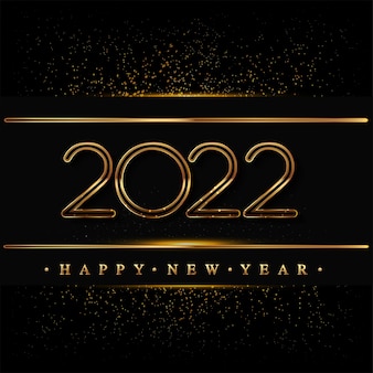 Szczęśliwego nowego roku 2022 z brokatem na białym tle na czarnym tle, tekst w kolorze złotym, elementy wektorów do kalendarza i kartki z życzeniami.