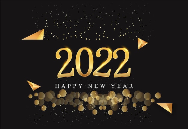 Szczęśliwego nowego roku 2022 z brokatem na białym tle na czarnym tle, tekst w kolorze złotym, elementy wektorów do kalendarza i kartki z życzeniami.