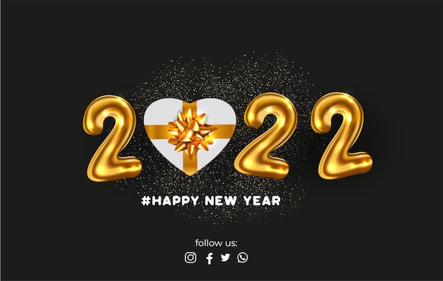 Szczęśliwego Nowego Roku 2022 ze złotymi cyframi i realistycznym prezentem