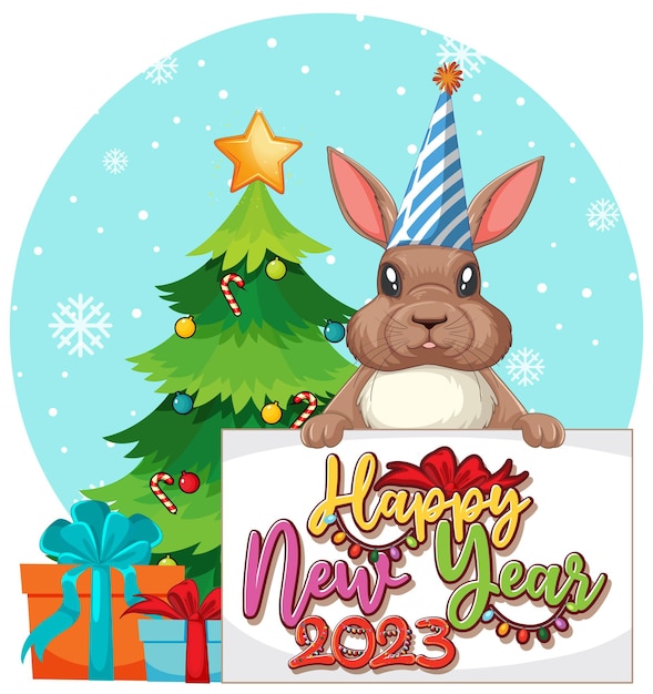 Bezpłatny wektor szczęśliwego nowego roku tekst z uroczym królikiem do projektowania banerów