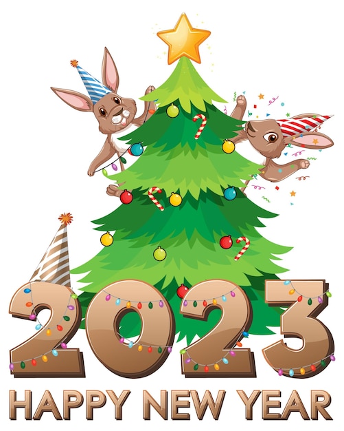 Bezpłatny wektor szczęśliwego nowego roku tekst z uroczym królikiem do projektowania banerów