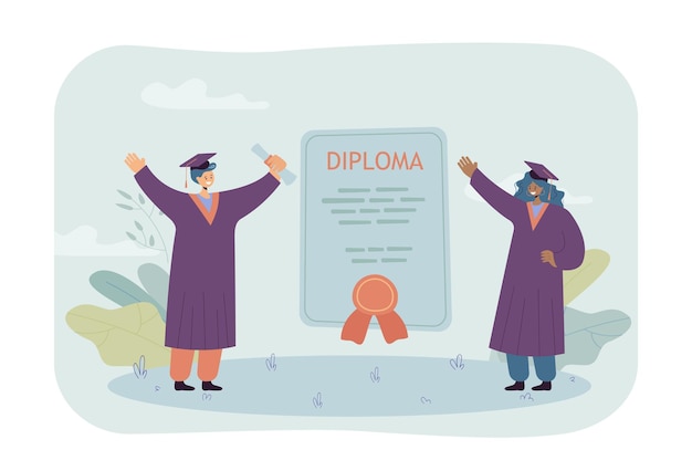 Bezpłatny wektor szczęśliwi absolwenci z ogromnym dyplomem. certyfikat między stojącymi studentkami w płaskiej ilustracji w czapkach dyplomowych