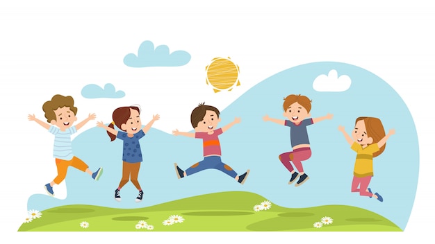 Bezpłatny wektor szczęśliwi dzieci skacze na lato łące