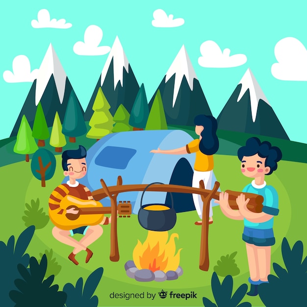 Bezpłatny wektor szczęśliwi ludzie camping w przyrodzie