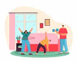 Bezpłatny wektor szczęśliwi rodzice z synem ćwiczeń w domu płaska ilustracja