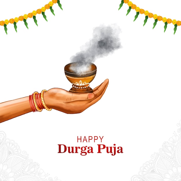 Bezpłatny wektor szczęśliwy durga puja gliniany dhunuchi z dymnym indyjskim festiwalem puja w tle