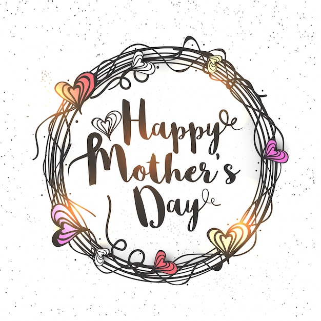 Bezpłatny wektor szczęśliwy dzień matki w sercach ozdobione zaokrąglone ramki, kreatywnych ręcznie narysowany wzór karty z pozdrowieniami