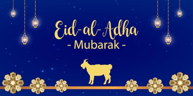 Szczęśliwy Eid Al Adha Niebieskie Złote Pozdrowienia Tło Islamski Baner Mediów Społecznościowych Darmowy Wektor