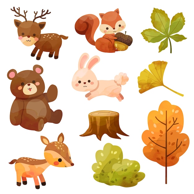 Bezpłatny wektor szczęśliwy ikona święto dziękczynienia z wiewiórki, niedźwiedzia, królika, jelenia, pniaków i liści