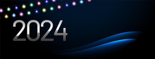 Bezpłatny wektor szczęśliwy nowy rok 2024 świąteczna tapeta z kolorowym wektorem strun świetlnych