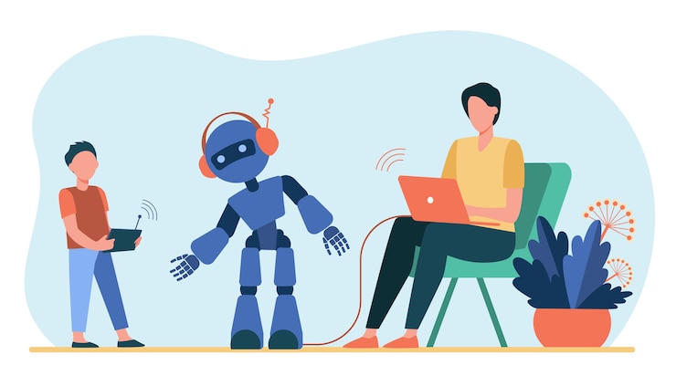 Bezpłatny plik Wektor szczęśliwy ojciec i syn gra z robotem. laptop, dziecko, cyborg płaski wektor ilustracja. robotyka i technologia cyfrowa