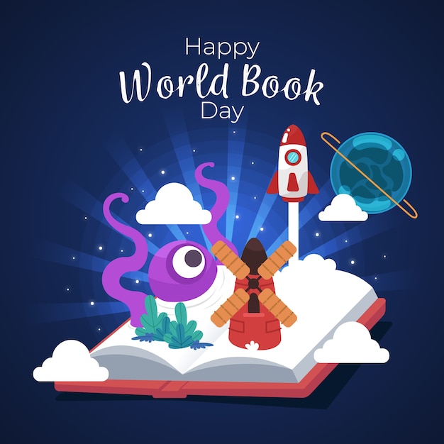 Szczęśliwy światowy dzień książki z otwartą książką