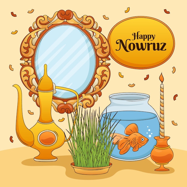 Bezpłatny wektor szczęśliwy tekst nowruz z ilustracją