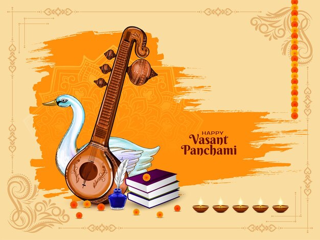 Szczęśliwy Vasant Panchami festiwal religijny dekoracyjna karta z ilustracją Veena