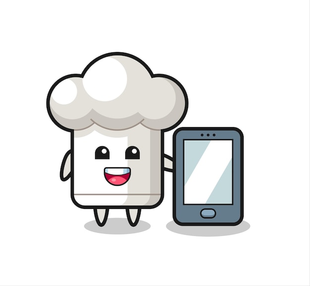 Szef kuchni ilustracja kreskówka trzymając smartfon, ładny styl na koszulkę, naklejkę, element logo