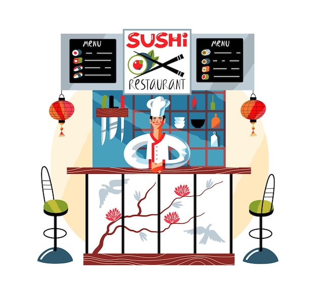 Szef Kuchni Przy Ladzie Japońskiej Restauracji Sushi Młody Człowiek Witający Klientów W Kawiarni Tradycyjna Kuchnia Azjatycka Nowoczesny Wystrój Wnętrz Ze Stołkami Menu Lampiony