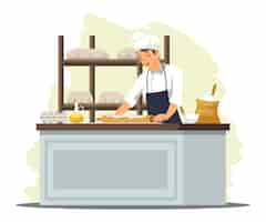 Bezpłatny wektor szef kuchni trzymający wałek do ciasta do ciasta na ciasto lub chleb postać kobieca gotuje jedzenie dla menu restauracji lub kawiarni przy stole kuchennym kobieta w mundurze i fartuchu pracuje