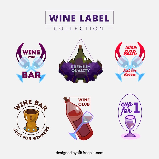 Bezpłatny wektor sześć kolorowe etykiety do wina z butelki i kieliszki