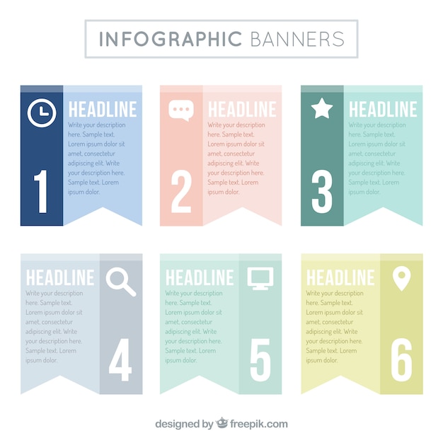 Bezpłatny wektor sześć transparentów infograficznych w pastelowych kolorach