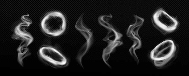 Bezpłatny wektor szisza vape dym koło i tornado efekt wektorowy 3d realistyczny abstrakcjonistyczny biały papieros chmura para wirowa zestaw odizolowana ramka ruchu przepływu mgły i ilustracja krzywej fali na czarnym tle