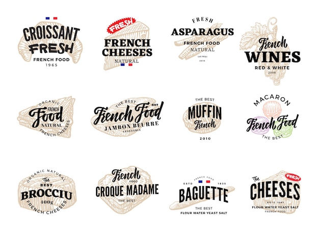 Bezpłatny wektor szkic francuski zestaw logo żywności