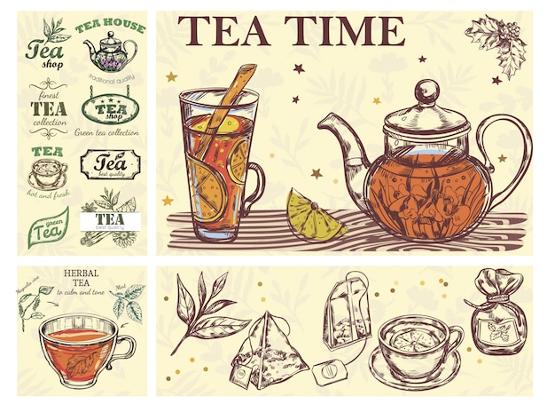 Bezpłatny wektor szkic podwieczorek kolorowy koncepcja z czajniczek szklany kubek torebek ziół napojów i etykiet herbaty