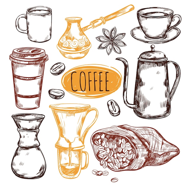 Szkic zestaw elementów kawy
