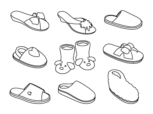 Szkice kapci. ręcznie rysowane modne trampki do domu, zarys stylowych sandałów, ilustracji wektorowych kulasu buty obrazu na białym tle