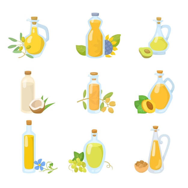 Bezpłatny wektor szklane butelki olejów roślinnych kreskówka zestaw ilustracji. oliwa z oliwek, awokado, siemię lniane, sezamowa, kokosowa, winogronowa, słonecznikowa i oliwa extra virgin w słoikach. koncepcja gotowania
