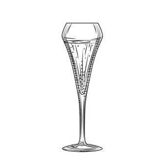 Szkło tulipanowe. kieliszek do wina musującego. ręcznie rysowane szkic pełnego kieliszek do szampana. styl grawerowania. ilustracja wektorowa na białym tle.