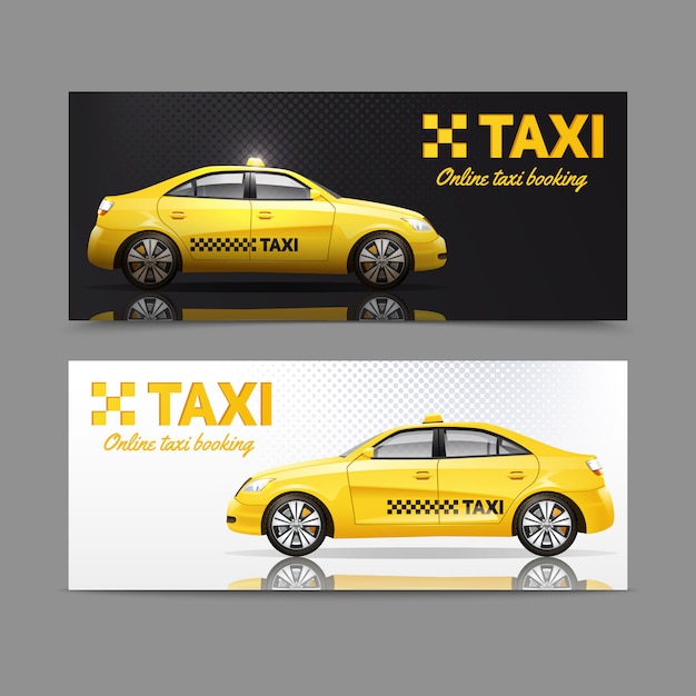 Bezpłatny wektor sztandaru usługowy taxi ustawiający z żółtymi samochodami z odbiciem