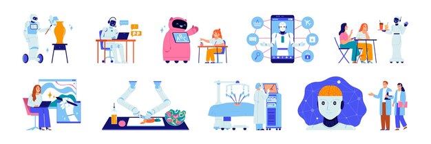 Sztuczna inteligencja płaski zestaw różnych robotów dla ludzi pomocy na białym tle ilustracji wektorowych